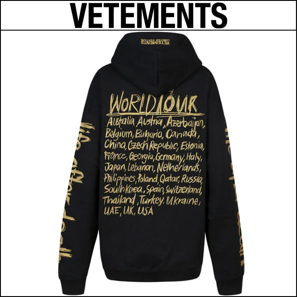 ◆VETEMENTS◆ World Tour Graffiti Gold Logo Print Hoodie
