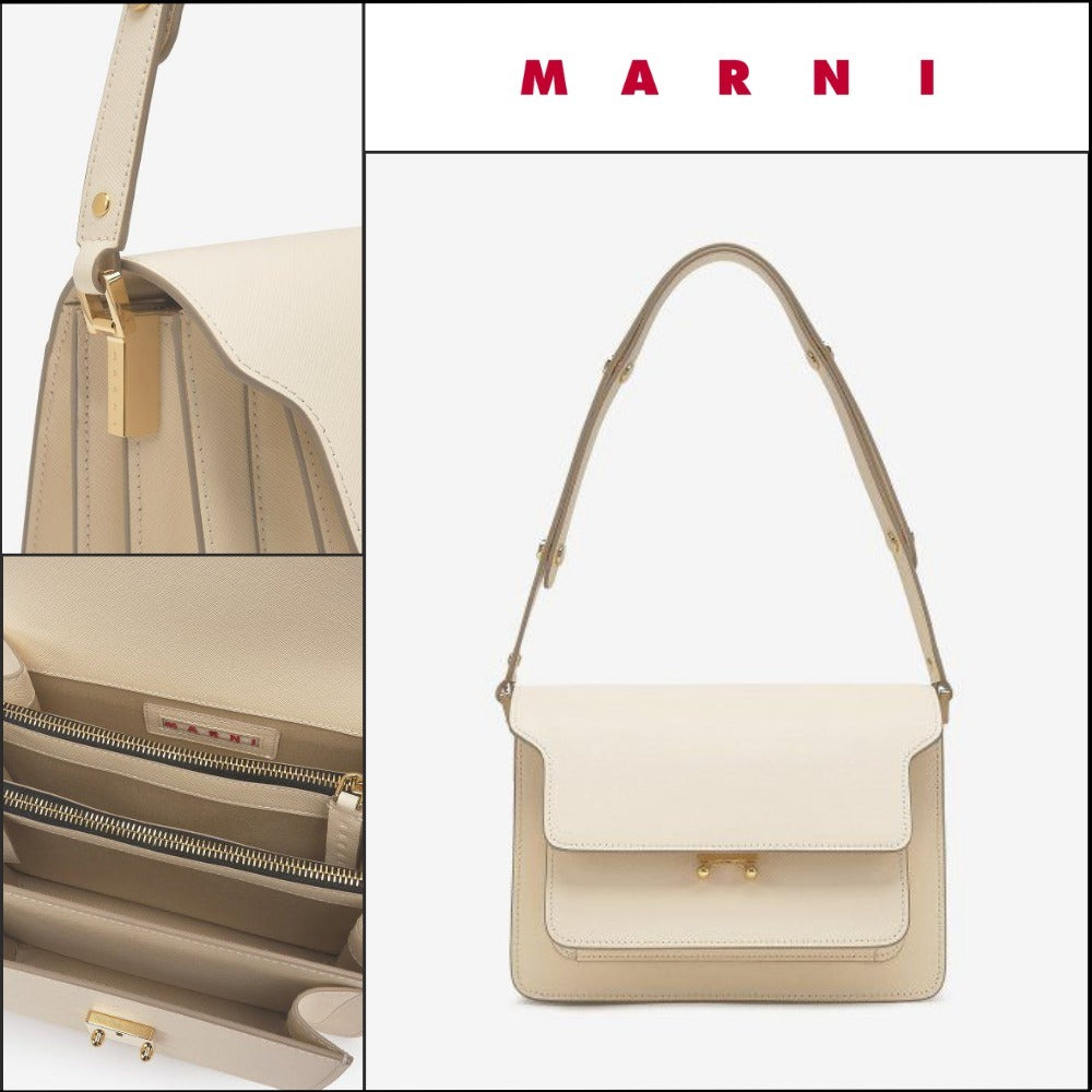【Marni】Medium Saffiano Leather Trunk Shoulder Bag Talc