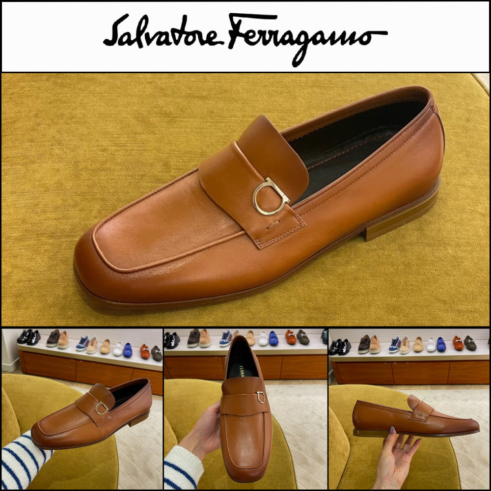 【FERRAGAMO】CRYSTAL GANCINI ORNAMENT LEATHER LOAFERS COGNAC
