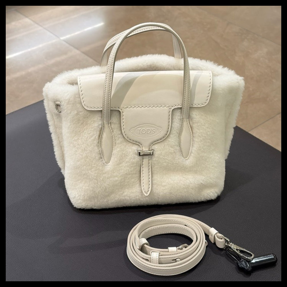 【Tod’s】ANX DUE Shearling Leather Shopping Tote Bag White