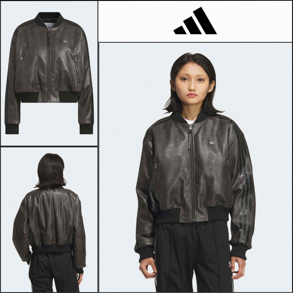 【ADIDAS】Crop Black Leather Jacket Moto Style Jacket