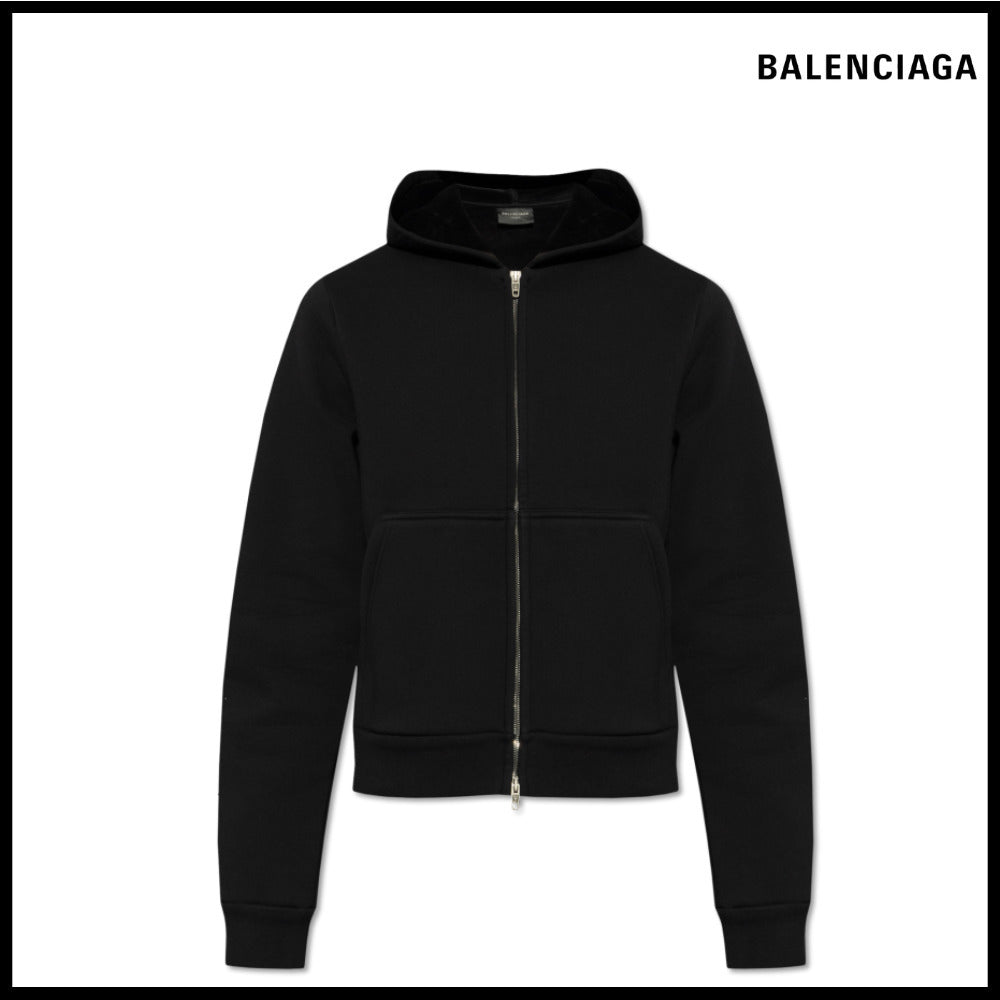 【BALENCIAGA】Cropped Zip-Up Hoodie Fitted Black