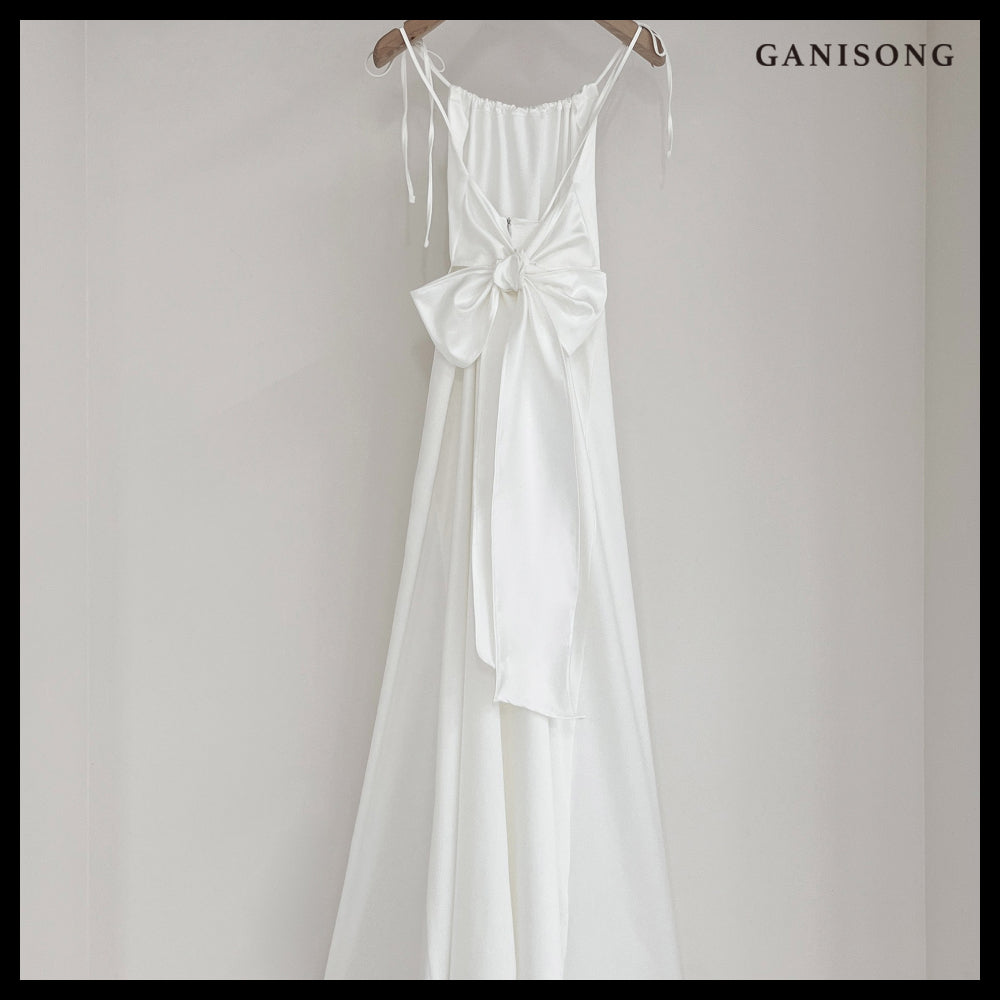 【GANISONG】Bridal Back Ribbon Dress White