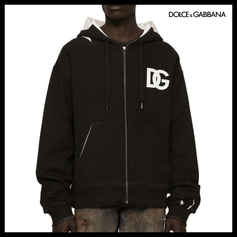 【Dolce & Gabbana】DG Logo Print Jersey Hoodie with Zipper
