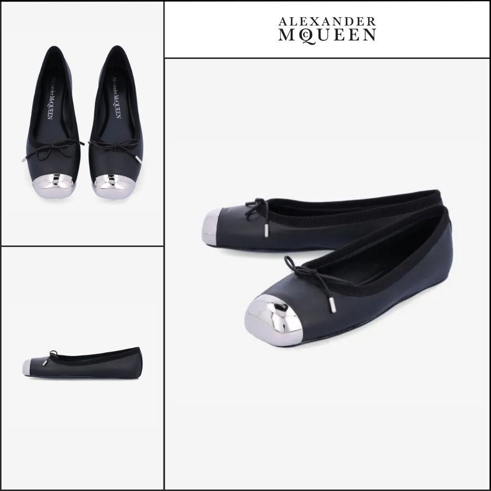 【Alexander Mcqueen】Metal-Toe Leather Flat Shoes Black