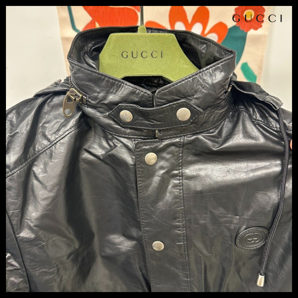 【GUCCI】Interlocking G Calf Leather Hooded Jacket Black