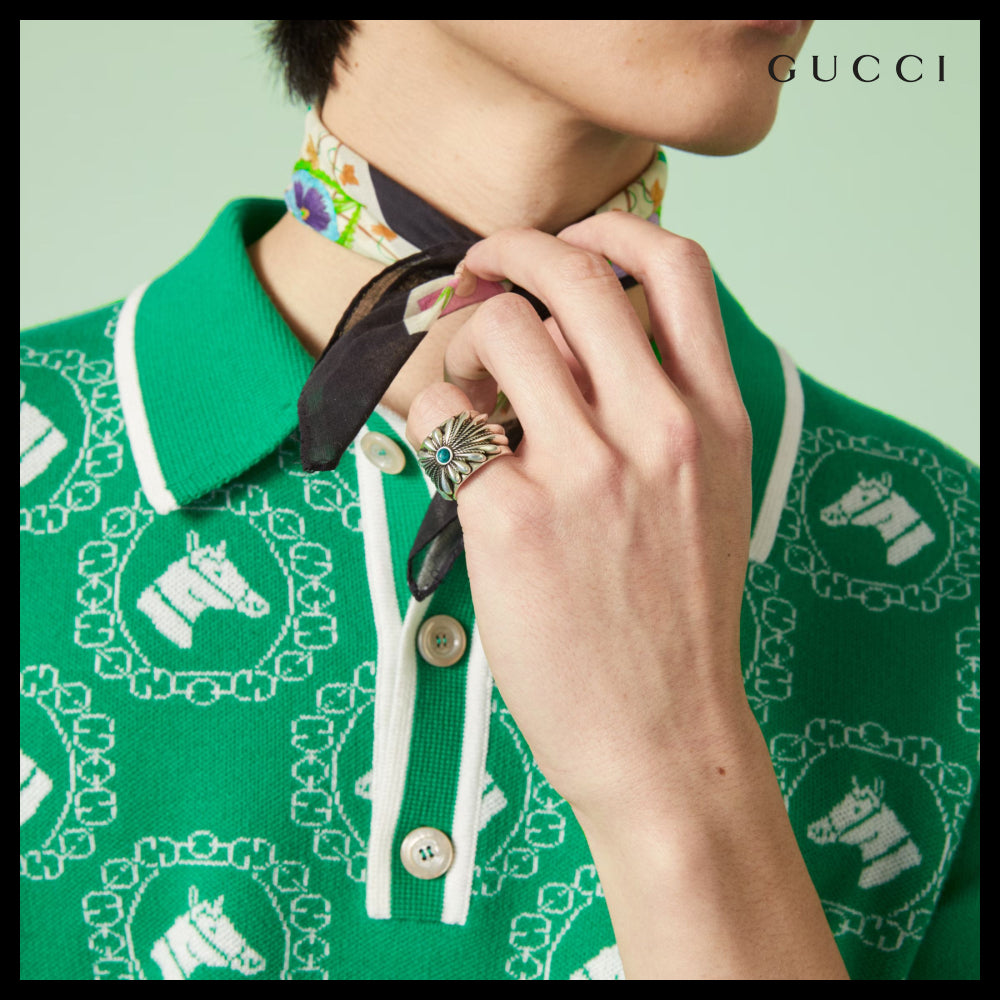 【GUCCI】Interlocking G Engraved Flower Sterling Wide Ring