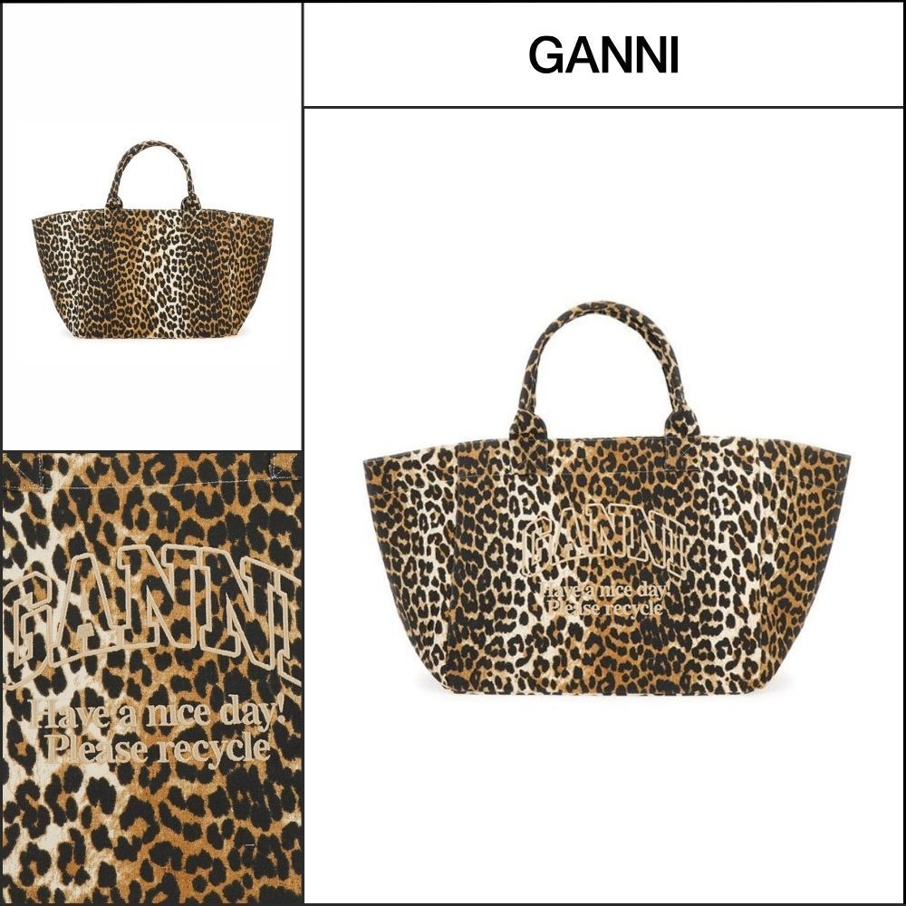 【Ganni】ロゴ刺繍レオパードプリントラージトートバッグ