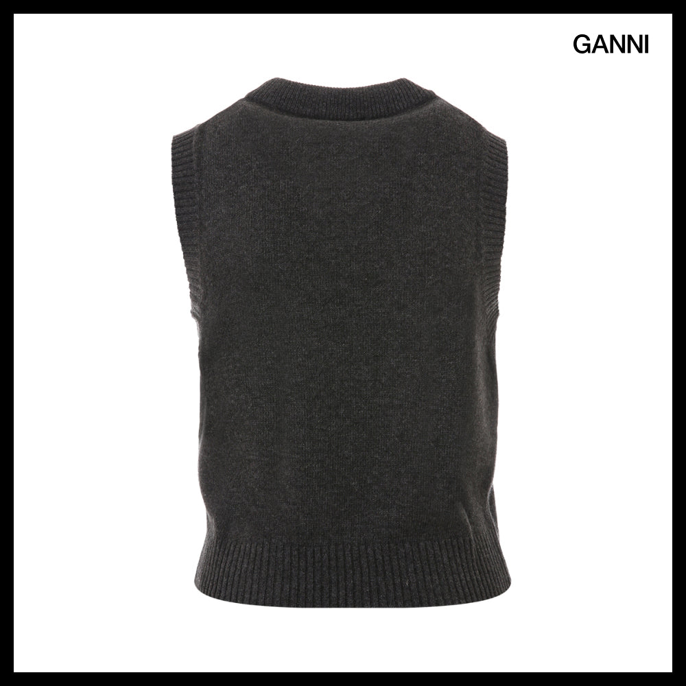 【Ganni】Graphic Wool Mix Cat Gray Vest