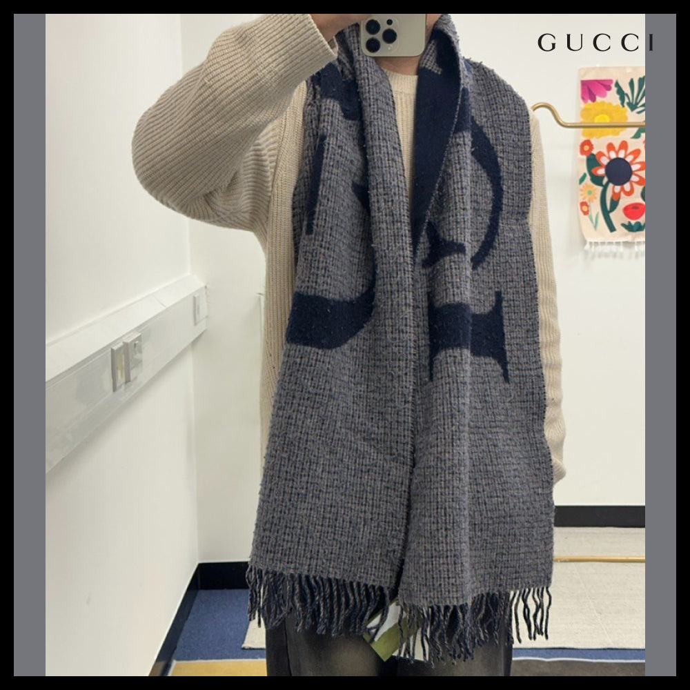【GUCCI】Logo Jacquard Reversible Wool Blend Scarf Navy Grey