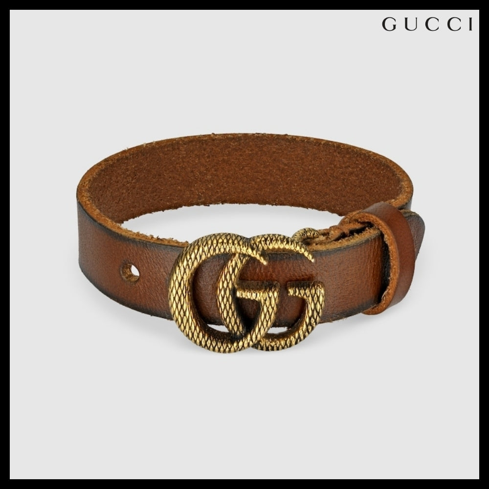 【GUCCI】GGゴールド メタル バックル レザー ブレスレットBROWN