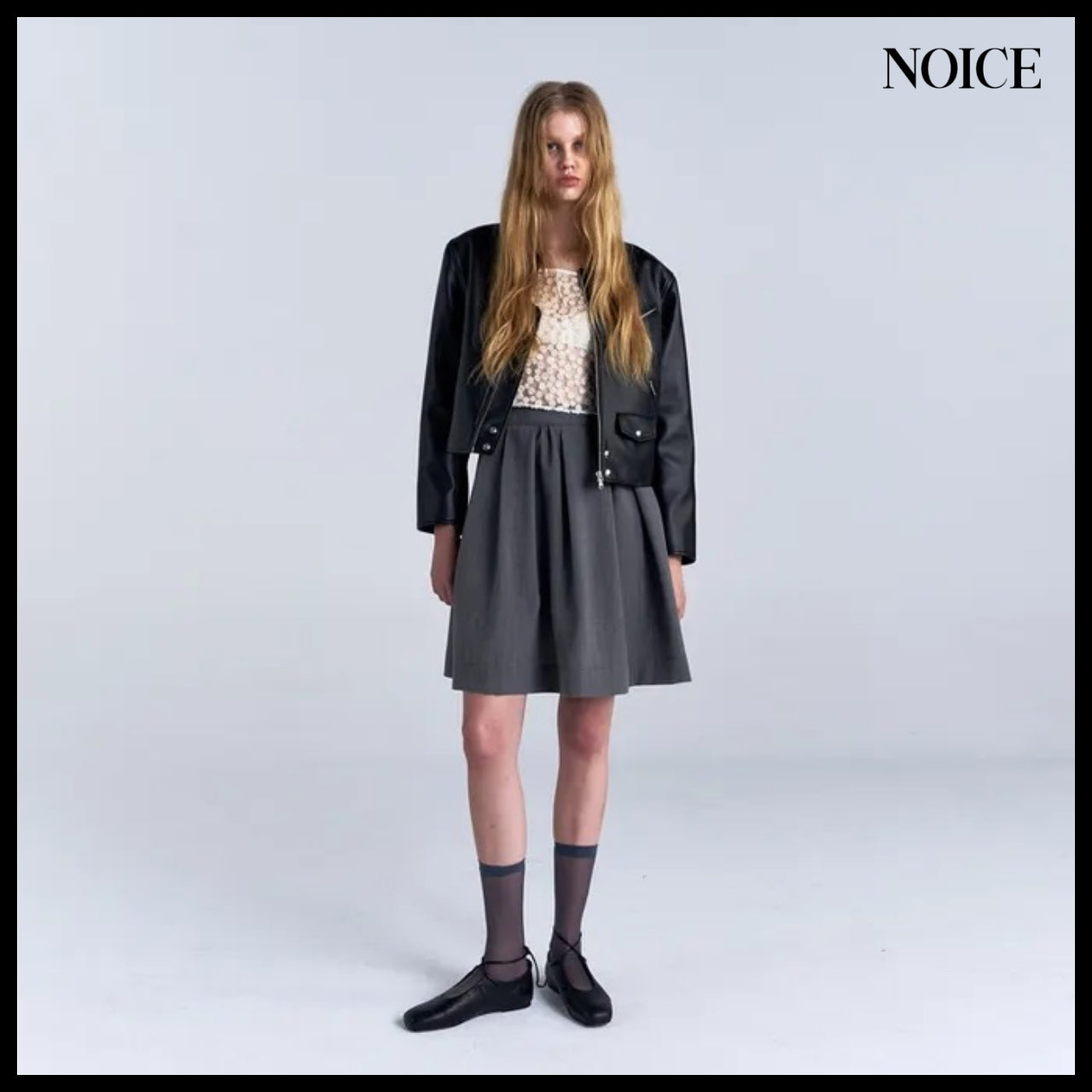【NOICE】W Motorcycle Faux Leather Jacket Black