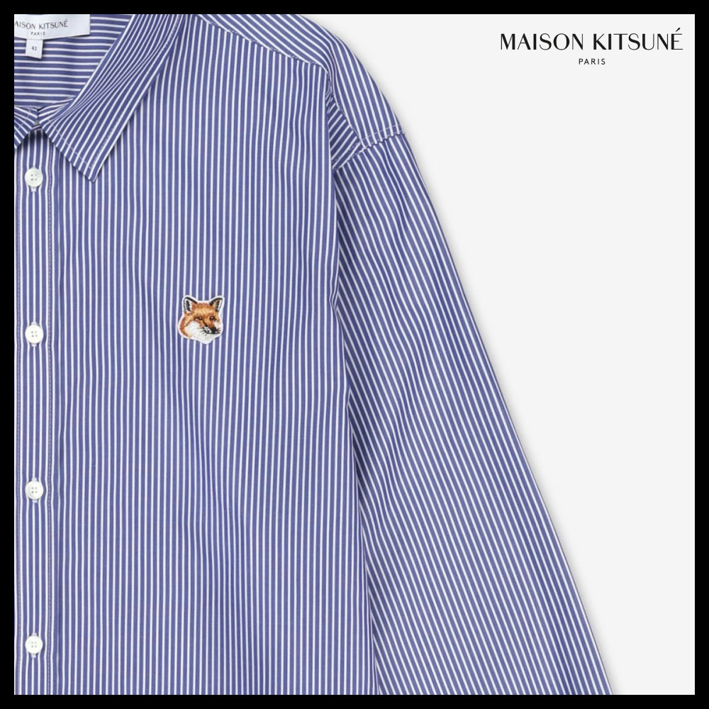 【MAISON KITSUNE】Fox Head Patch Classic Stripe Shirt Navy