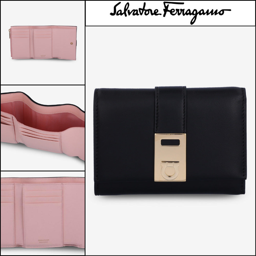 【FERRAGAMO】Hug Compact Two Tone Wallet Black Nyland Pink