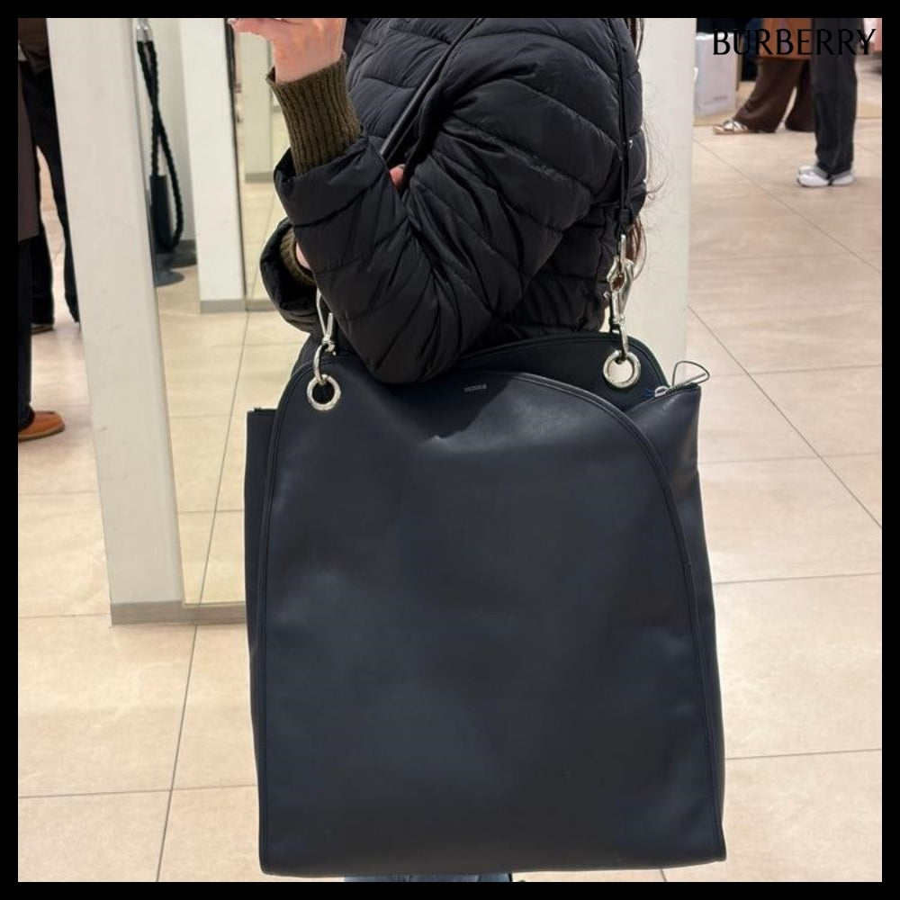 【Burberry】Shield Twin Logo Leather Tote Bag Indigo