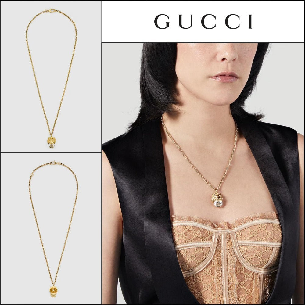 【GUCCI】 ライオンヘッド クリスタル チェーン ネックレス GOLD