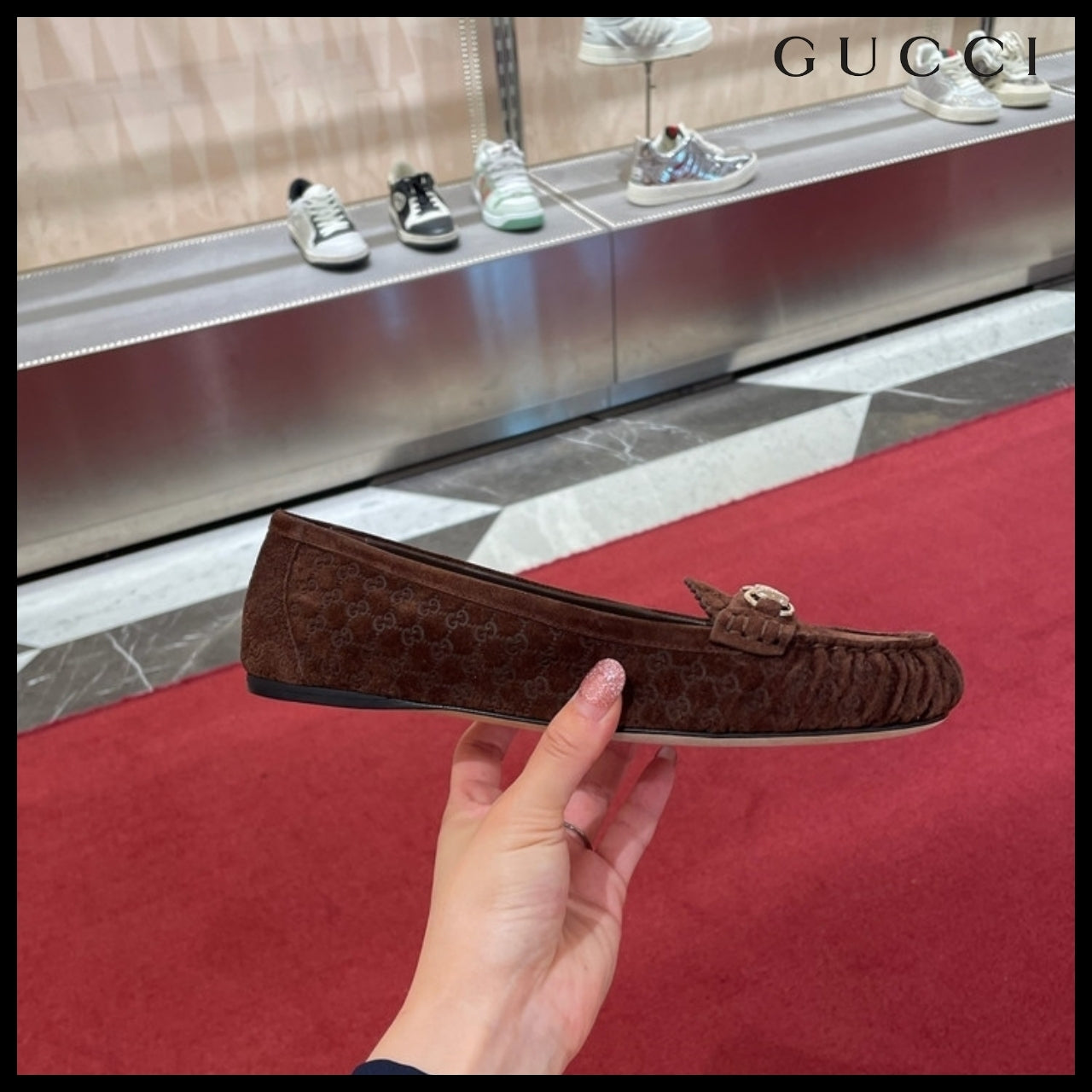 【GUCCI】Kensington GG Horsebit Suede Ballerina Flats Brown