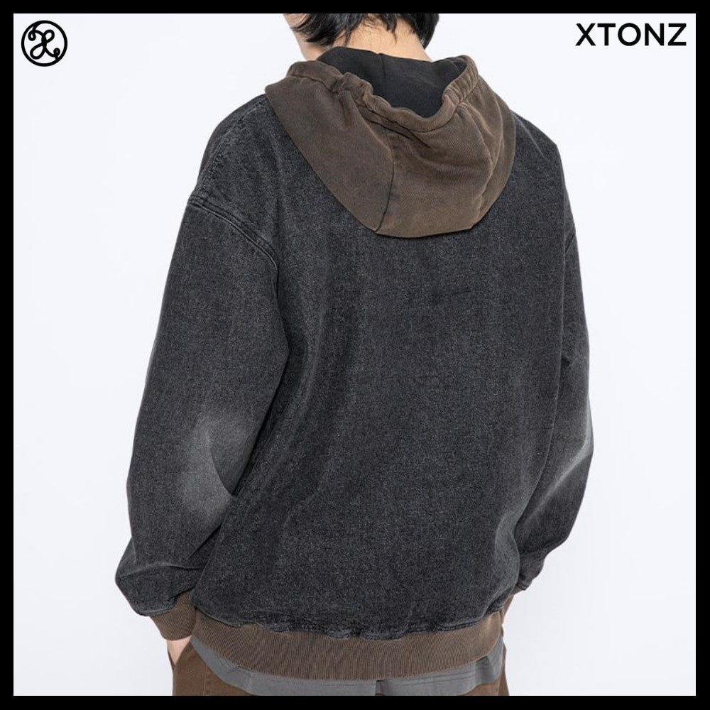 【XTONZ】VINTAGE WASHING STAR DENIM HOODED ZIP-UP 2COLORS