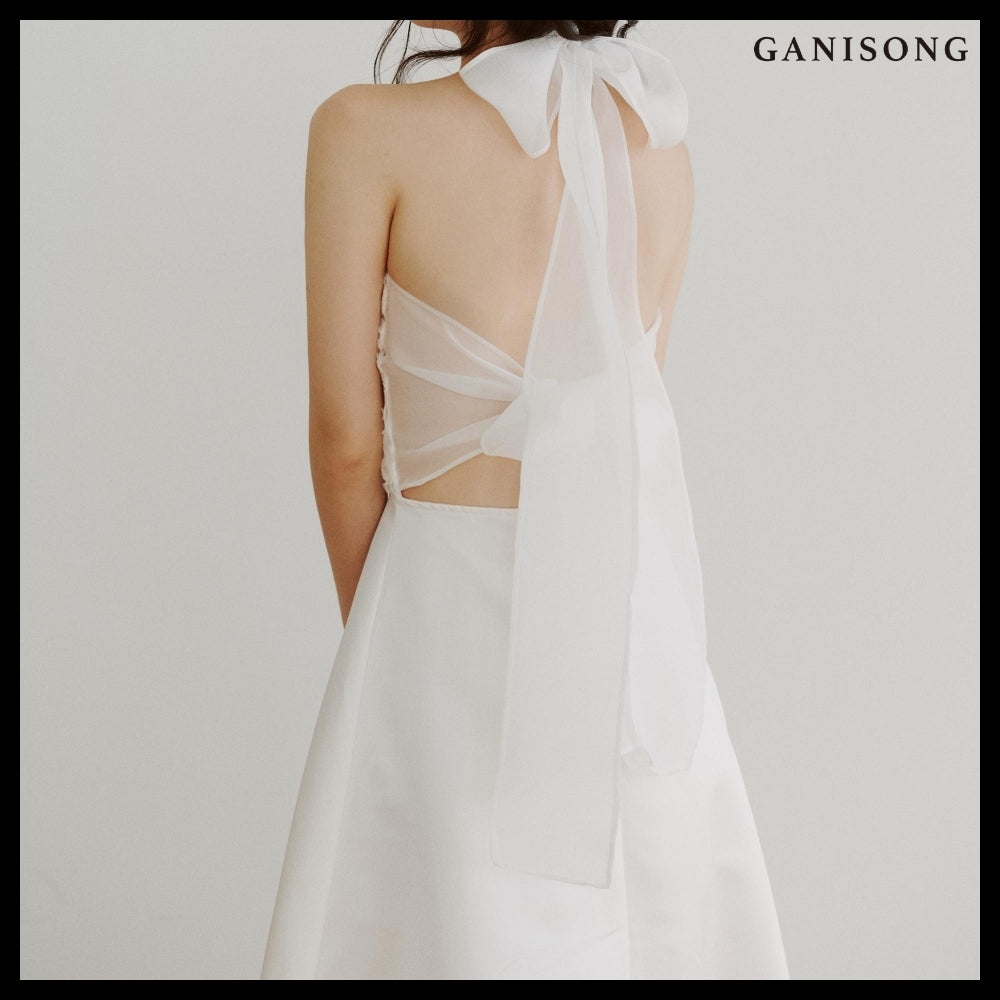 【GANISONG】Bridal Fluffy Rose Halterneck Dress White