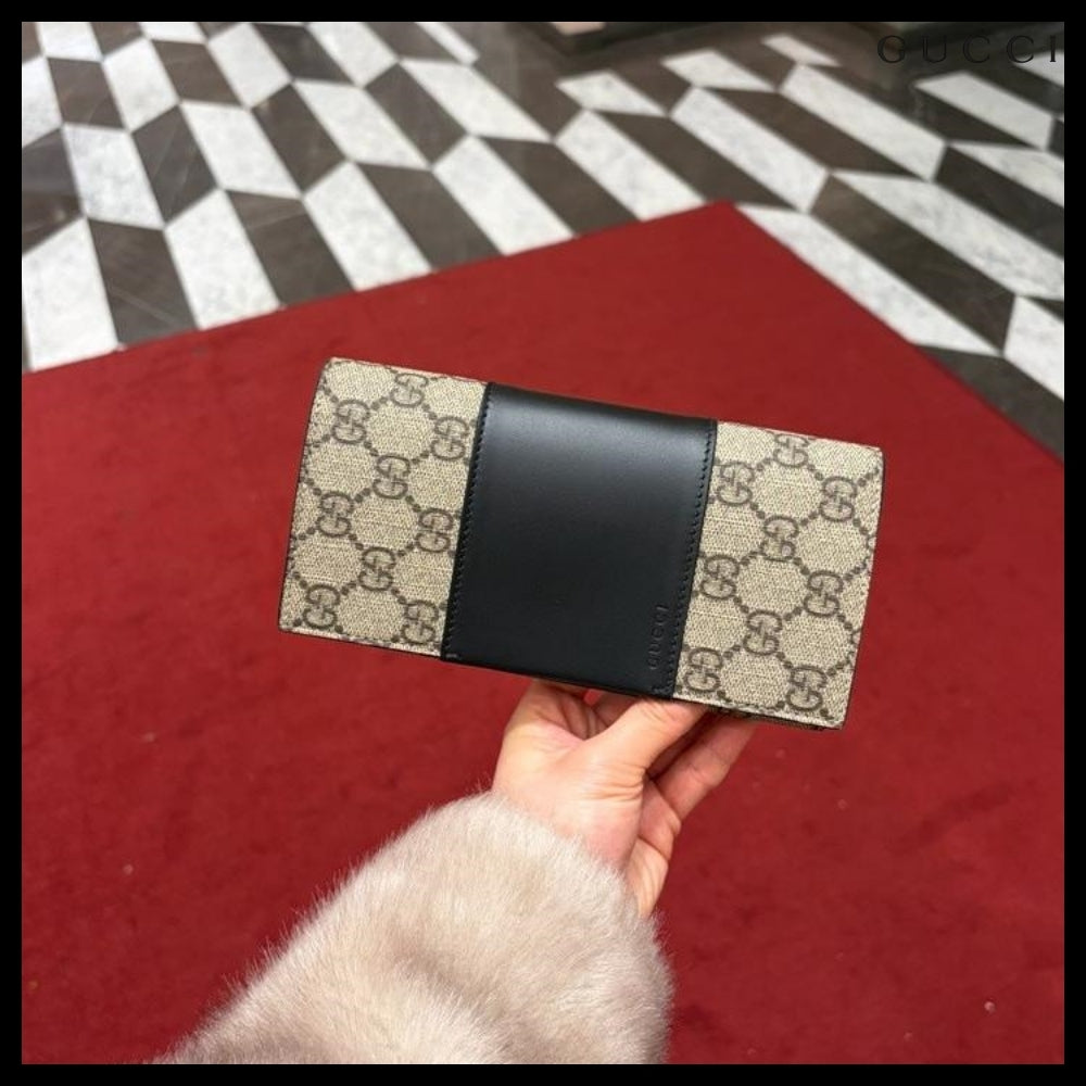 【GUCCI】Supreme Canvas Leather Flap Long Wallet BEIGE BLACK
