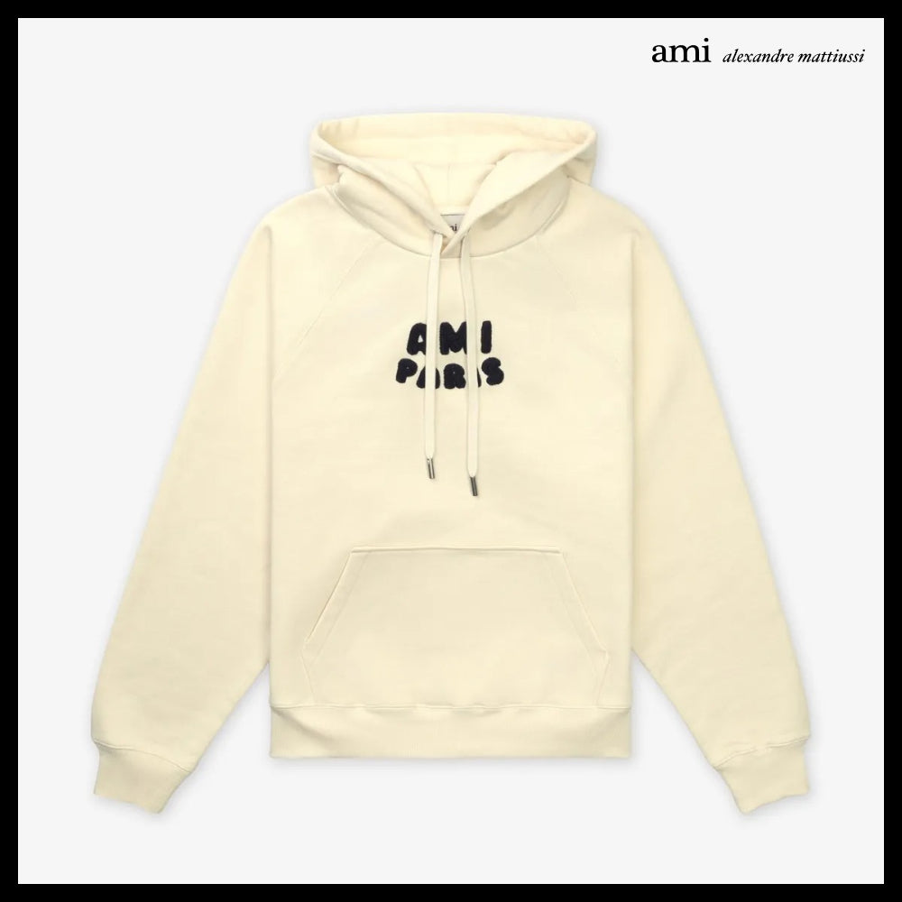 【AMI PARIS】Paris Logo Patch Hoodie White Cream