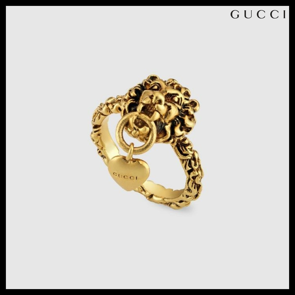 【GUCCI】Lion Head Heart Logo Pendant Ring GOLD