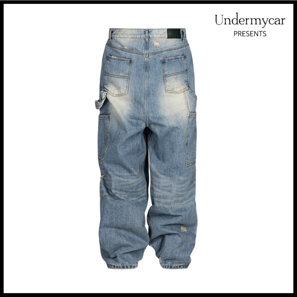 【Undermycar】Vintage Distressed Denim Carpenter Blue Denim