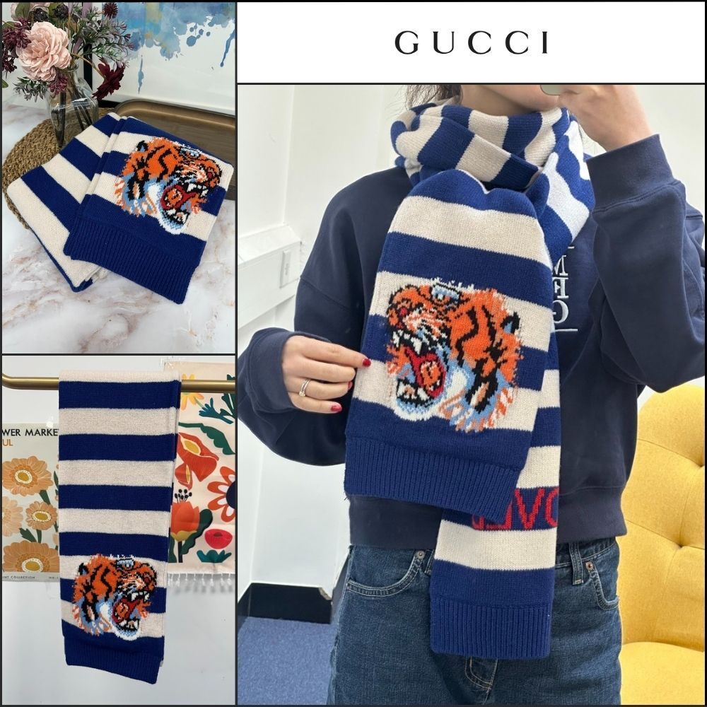 【GUCCI】Loved Tiger Stripe Wool Knit Scarf Blue