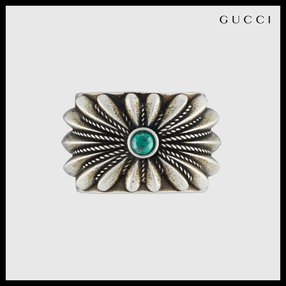 【GUCCI】Interlocking G Engraved Flower Sterling Wide Ring