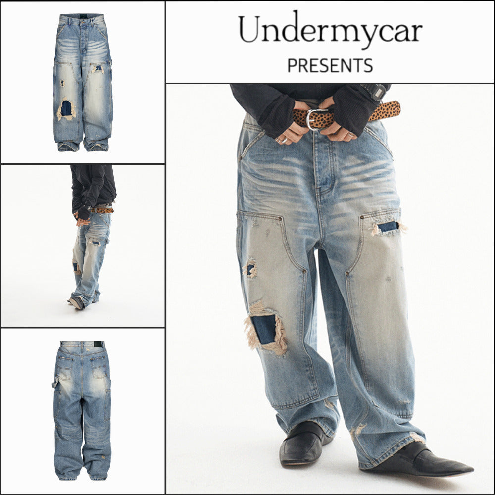 【Undermycar】Vintage Distressed Denim Carpenter Blue Denim