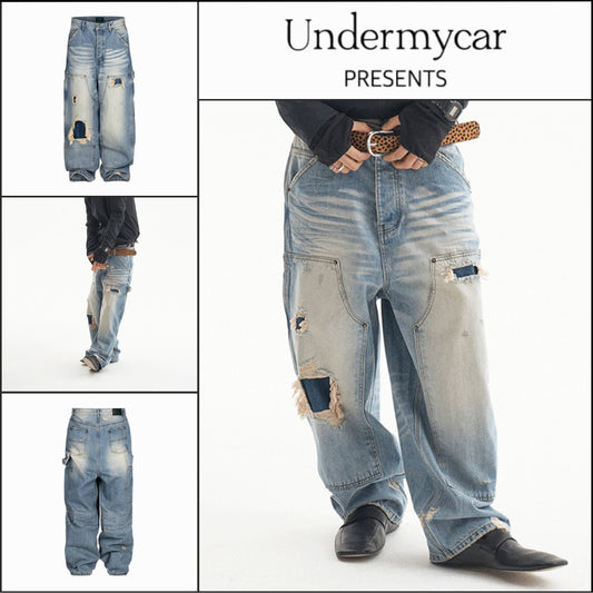 【Undermycar】Vintage Distressed Denim Carpenter Blue Denim