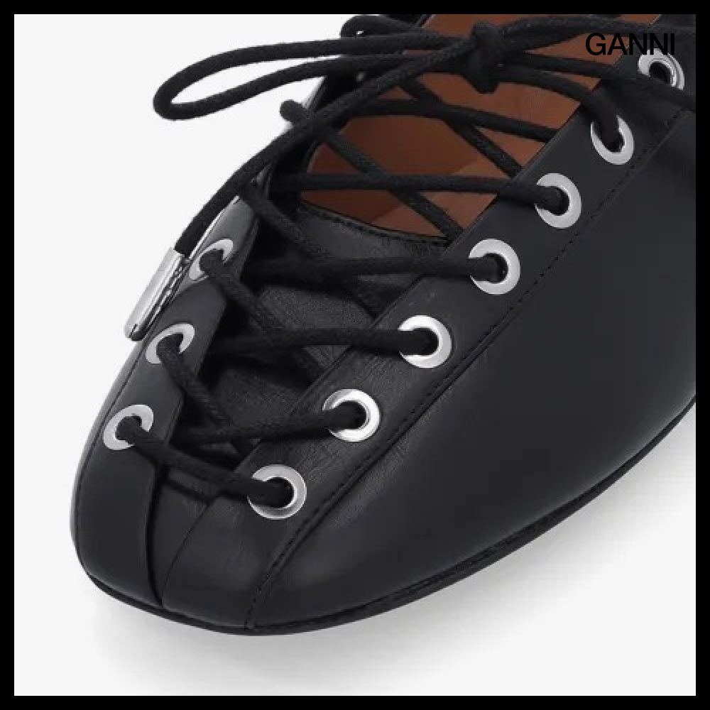 【Ganni】Eyelet Lace Up Ballerina Flat Shoes Black