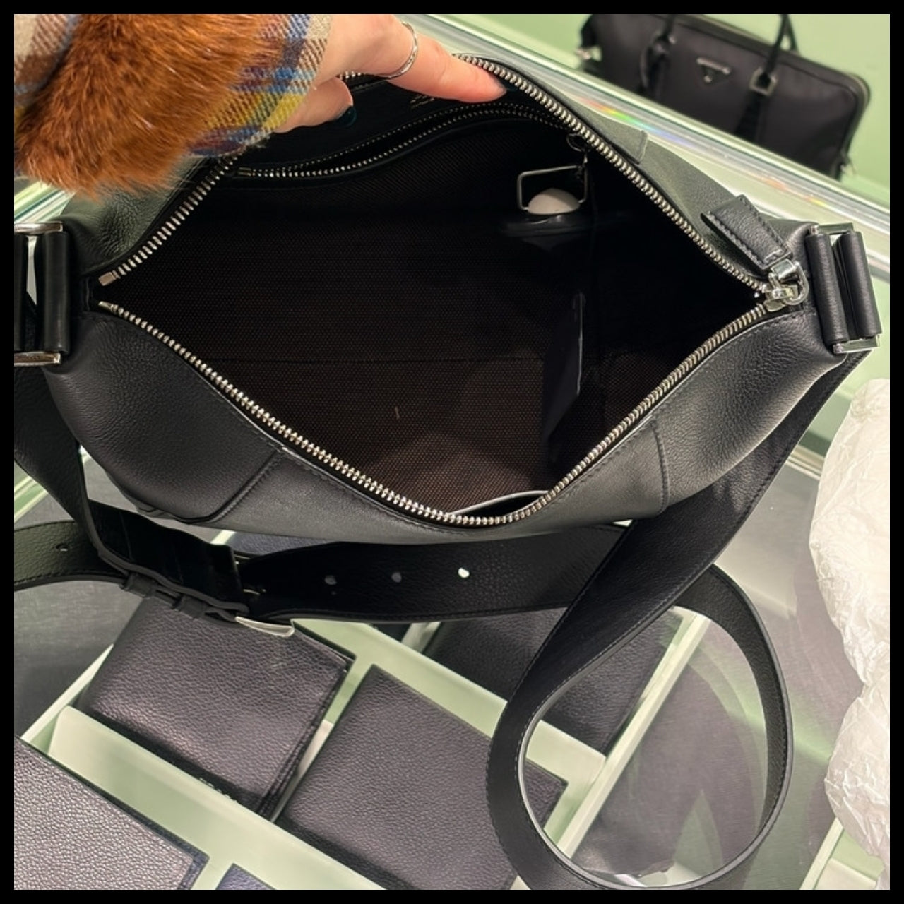 【PRADA】Soft Grained Leather Zipper Crossbody Bag BLACK