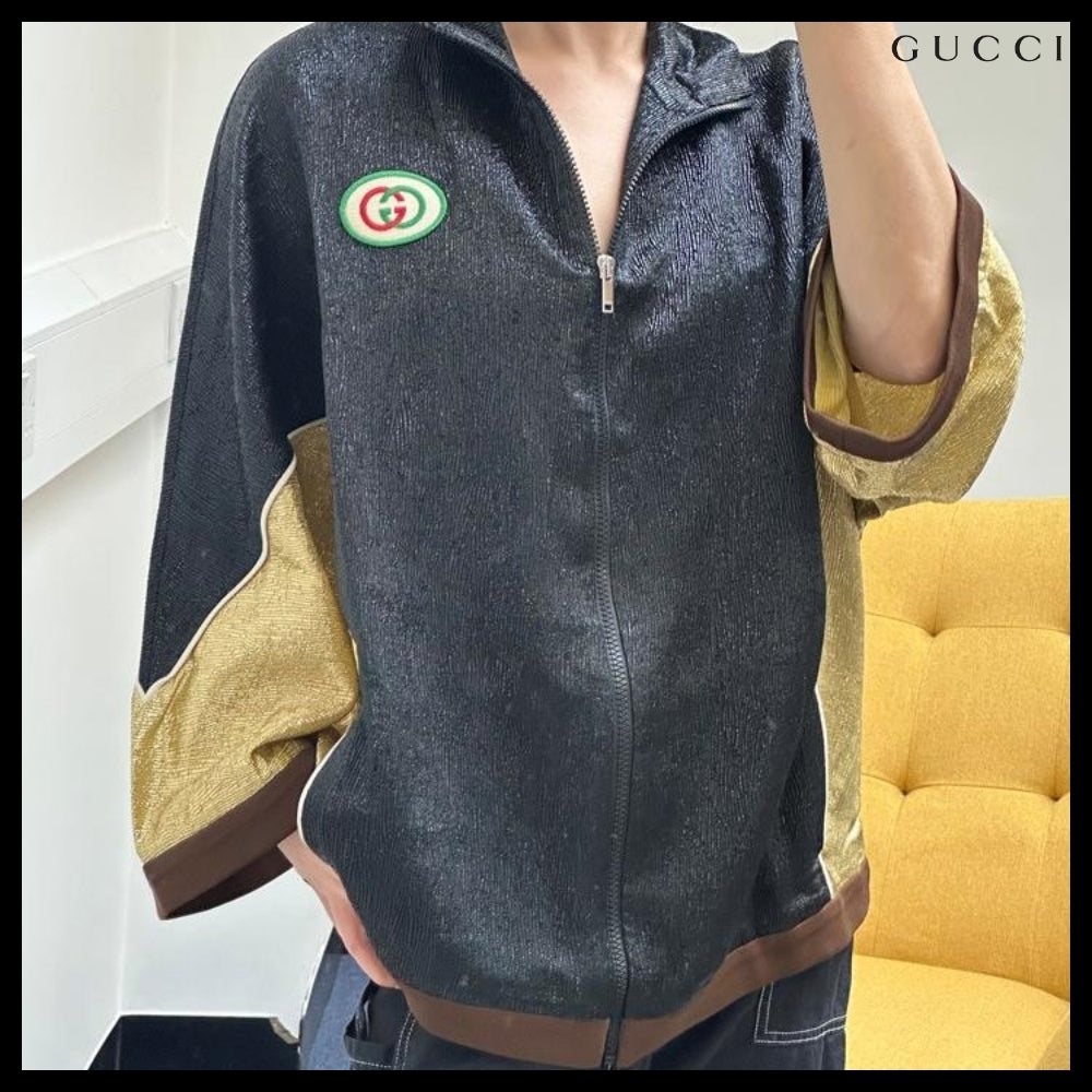 【GUCCI】Interlocking Patch Metallic Two-Tone Zip-Up Jacket