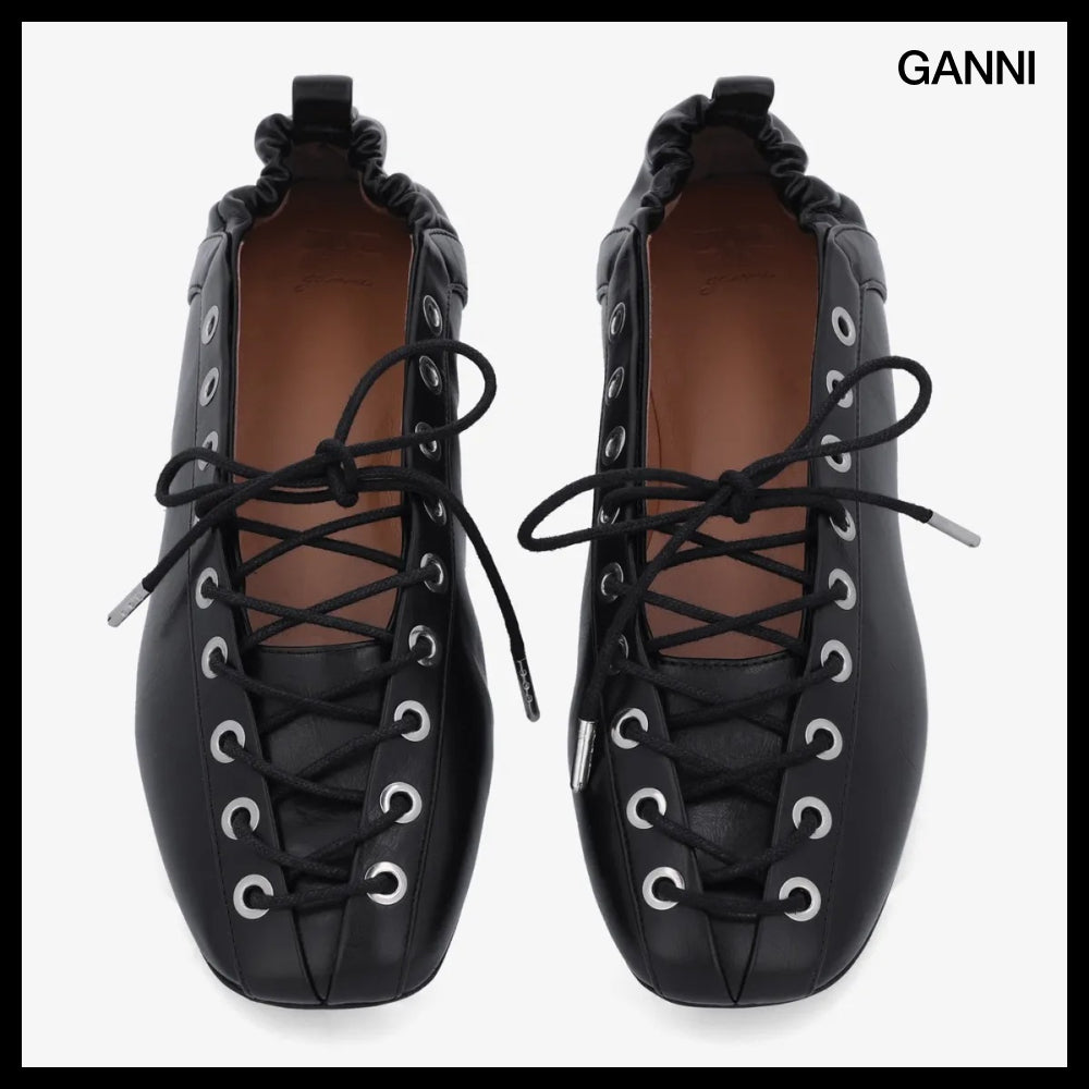 【Ganni】Eyelet Lace Up Ballerina Flat Shoes Black