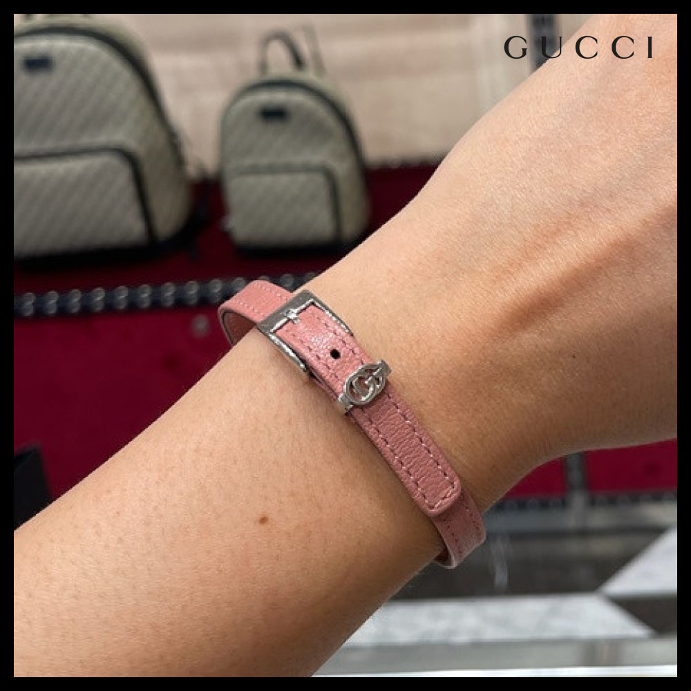 【GUCCI】 Double G Leather Buckle Bracelet PINK SILVER