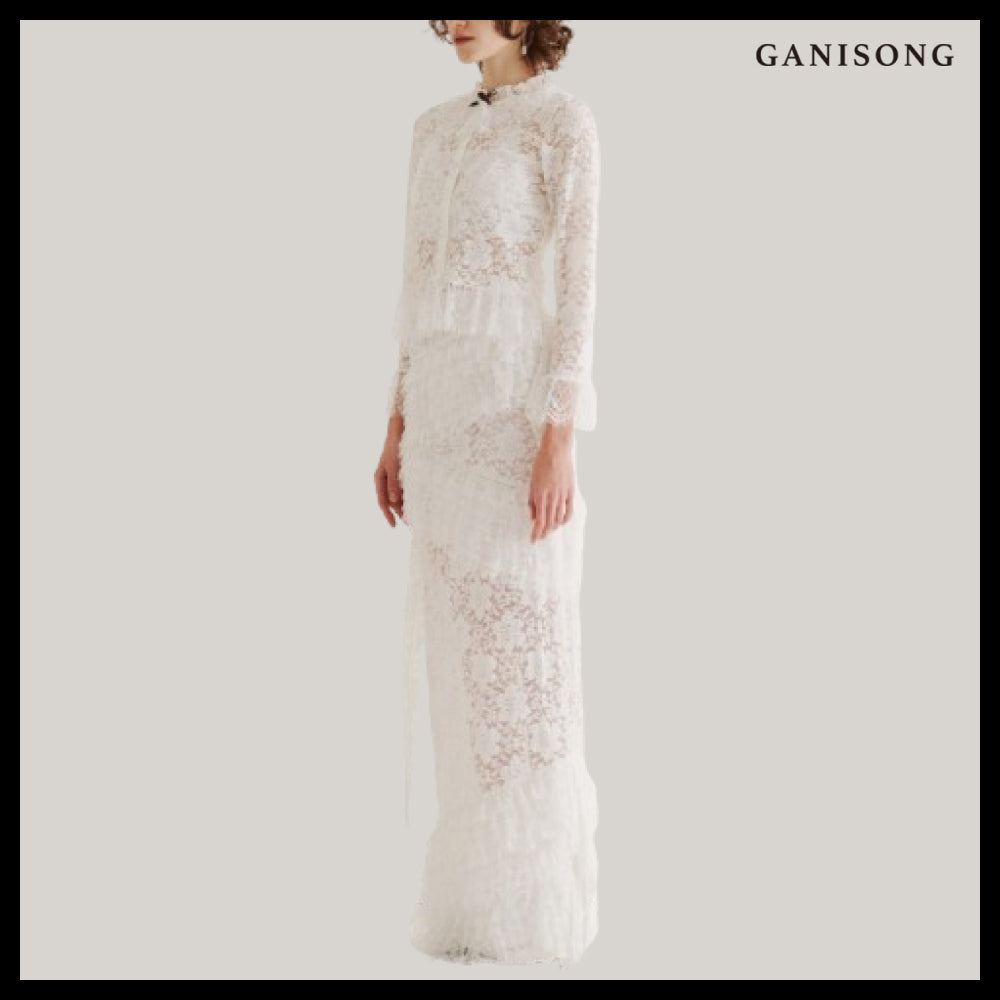 【GANISONG】Bridal Diagonal Lace Two-Piece Dress White