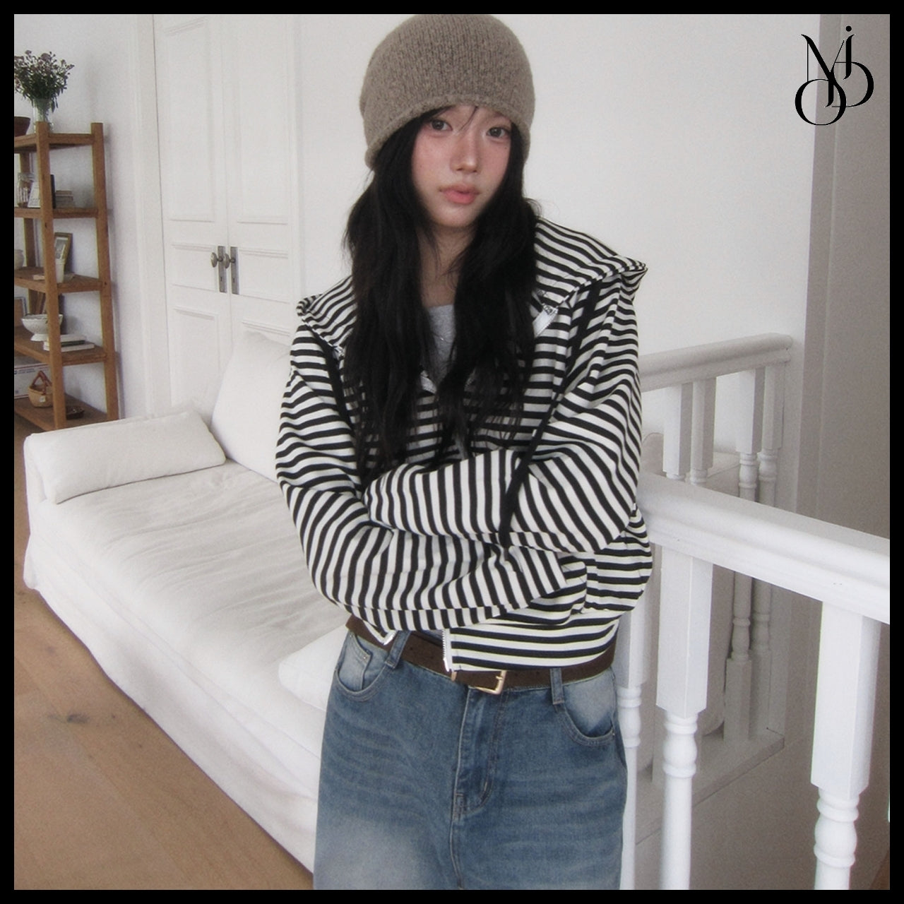 【MODIMOOD】Labu Stripe Two-Way Hoodie Zip-Up 2 Colors