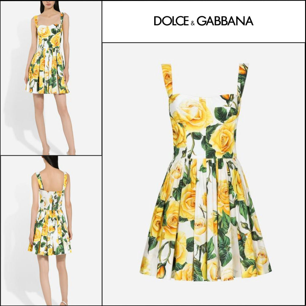 【Dolce&Gabbana】SHORT COTTON CORSET DRESS YELLOW ROSE