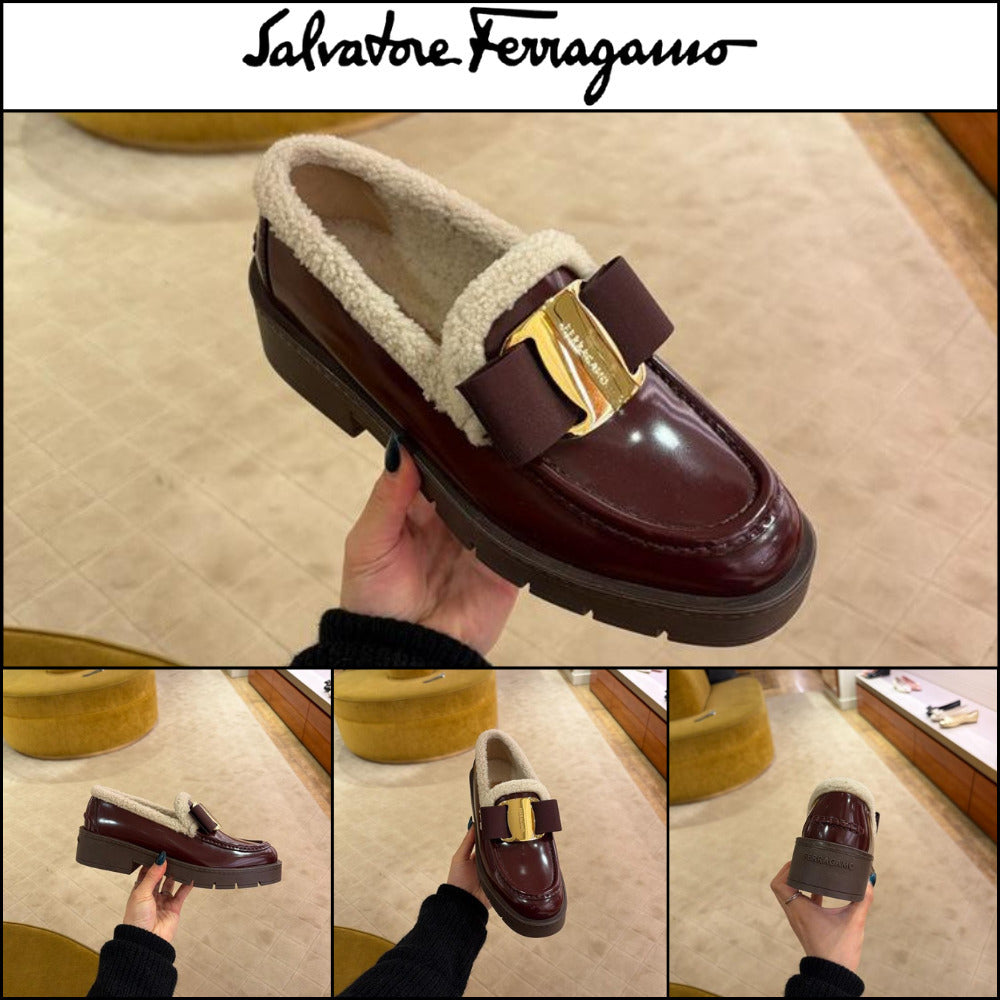 【FERRAGAMO】MIRTY FUR VARA BOW SHEARLING LOAFERS BURGUNDY
