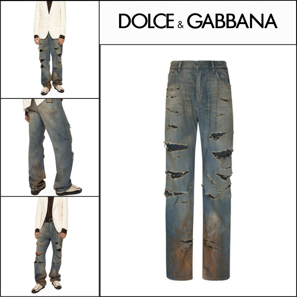 【Dolce & Gabbana】BLUE DENIM STRAIGHT-LEG JEANS WITH RIPS