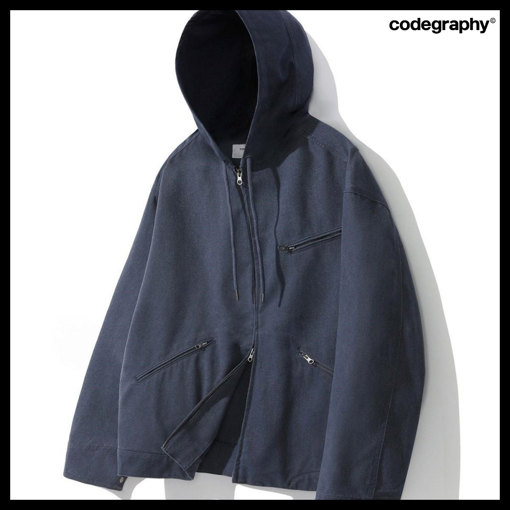 【codegraphy】Vintage Washed Cotton Hood Work Jacket Blue