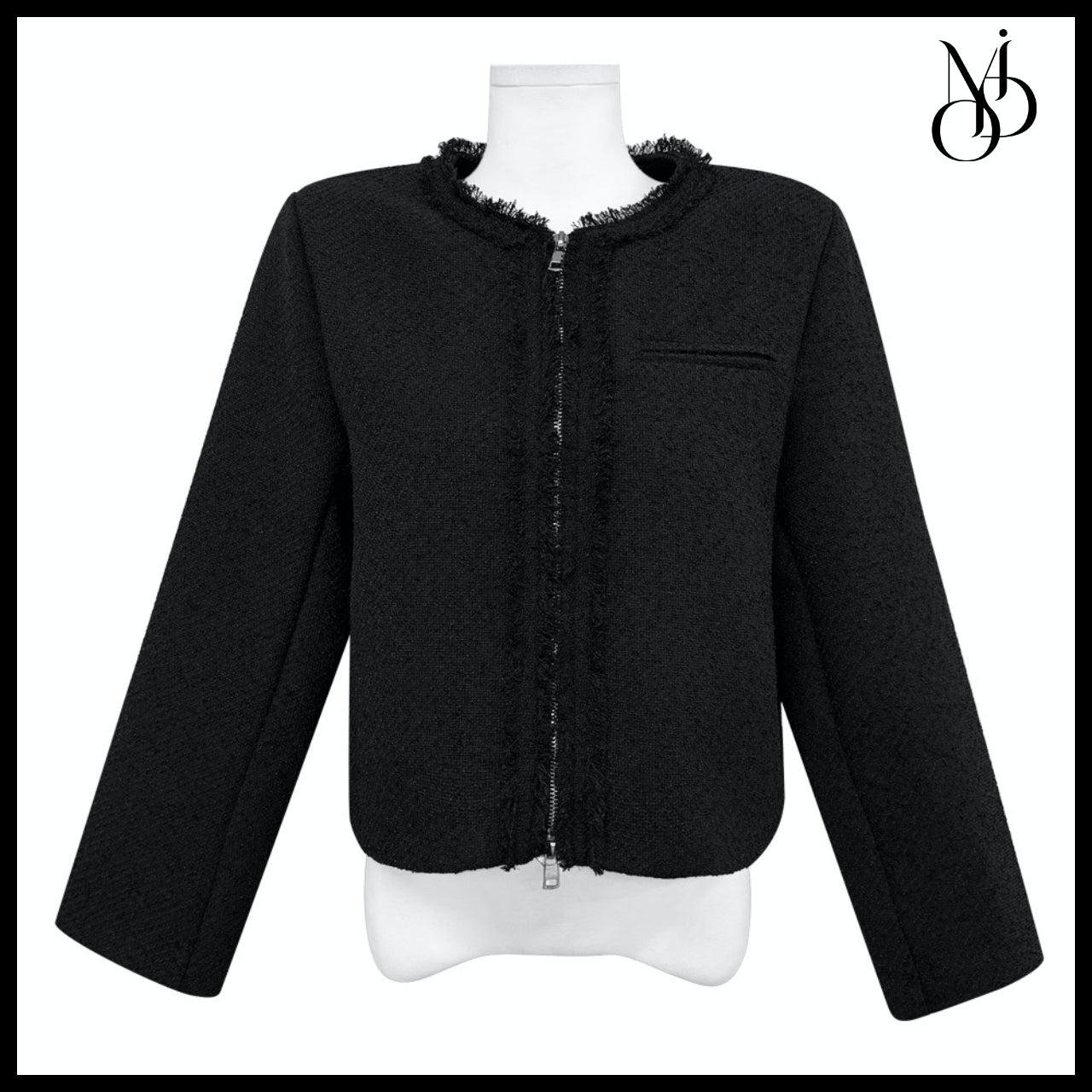 【MODIMOOD】Rudy Round Neck Zip-Up Fringe Tweed Jacket