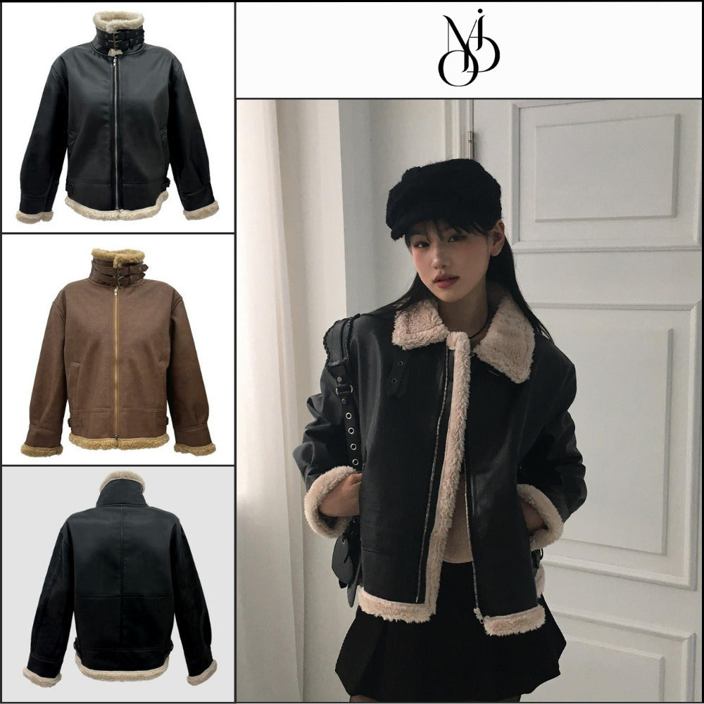 【MODIMOOD】Pinter Buckle High Neck Leather Mustang 2 Colors