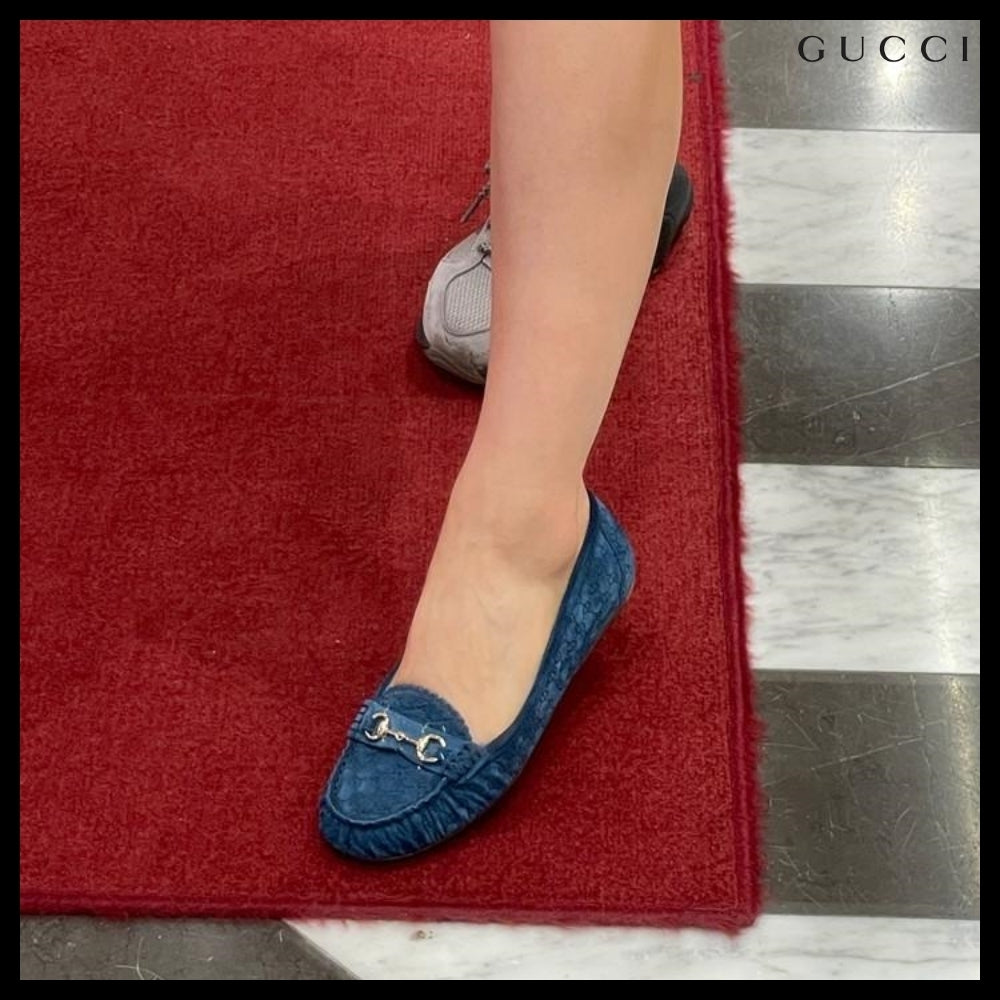 【GUCCI】Kensington GG Horsebit Suede Ballerina Flats Blue