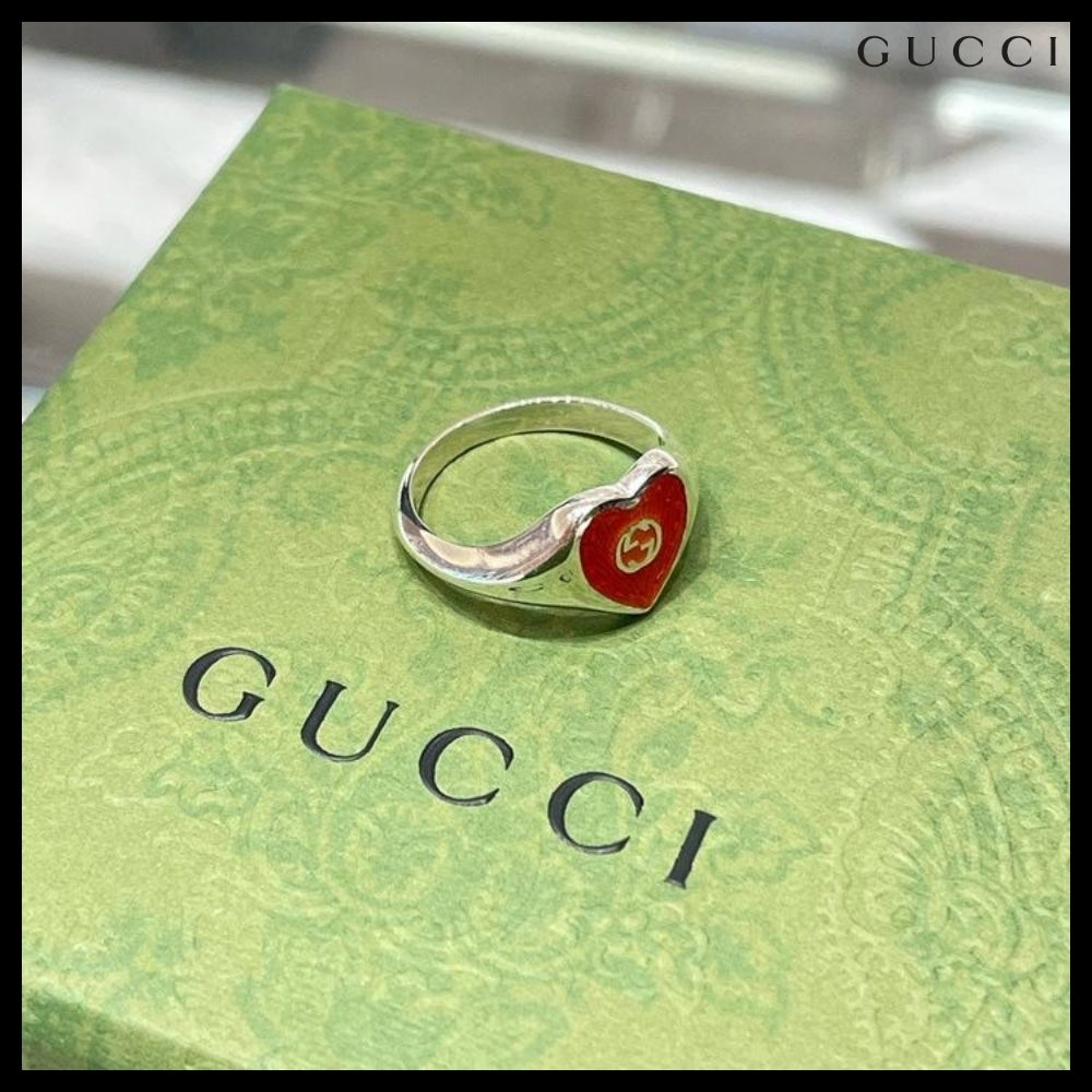 【GUCCI】Interlocking G Enamel Heart Ring Silver Red
