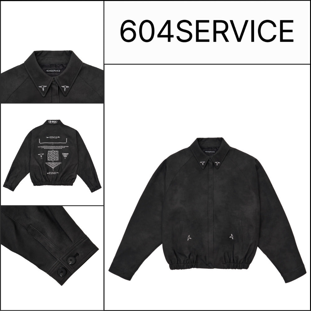 【604service】EMBROIDERED LEATHER JACKET IN BLACK
