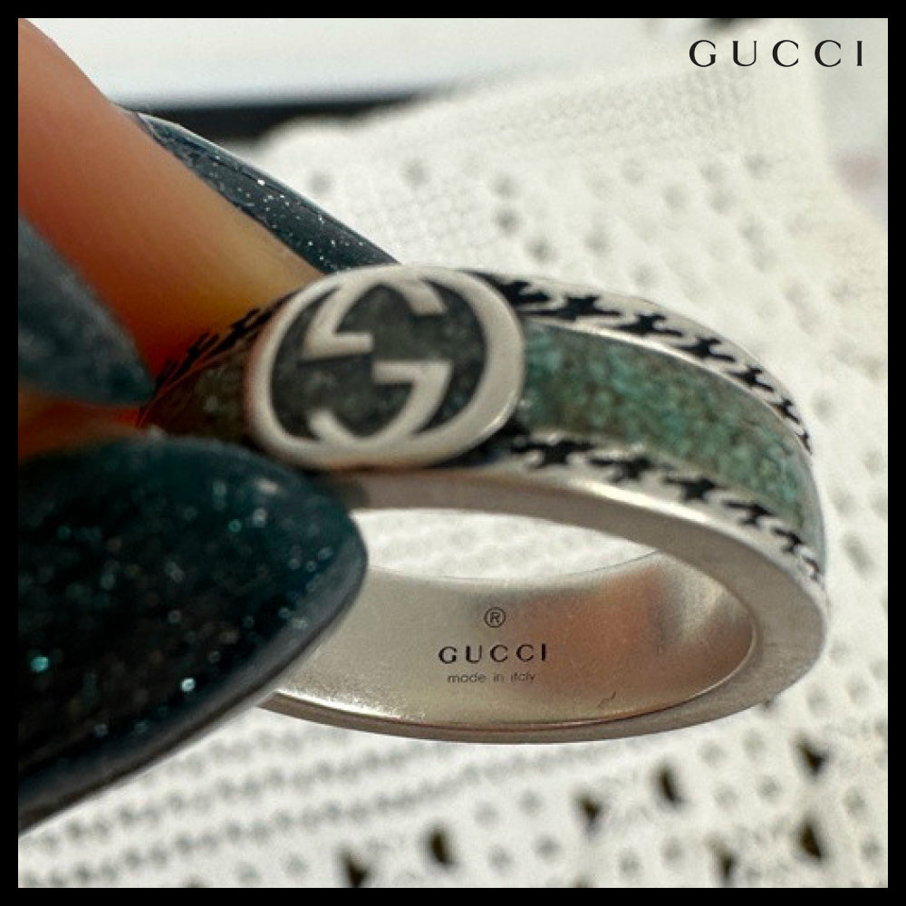 【GUCCI】Interlocking G Logo Enamel Metal Ring Howlite
