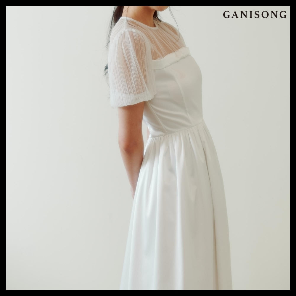 【GANISONG】Bridal Sheer Ribbon Line Dress White