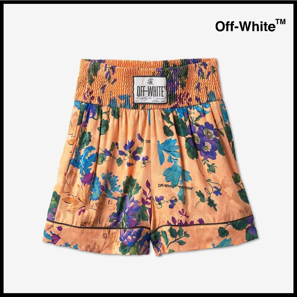 【Off-White】Logo Patch Floral Print Shorts Peach Orange